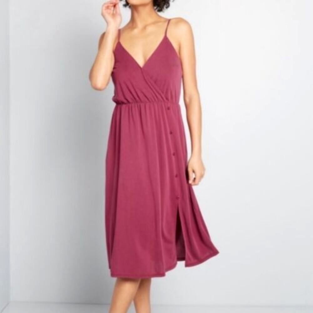 ModCloth Sleeveless V Neck Stretch Button Midi Maroon Dress 4X